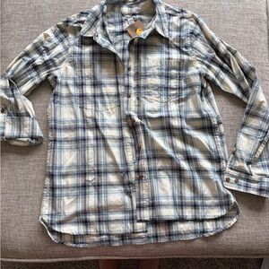 Carhartt Women's Cream and Blue Plaid Button-Down Shirt